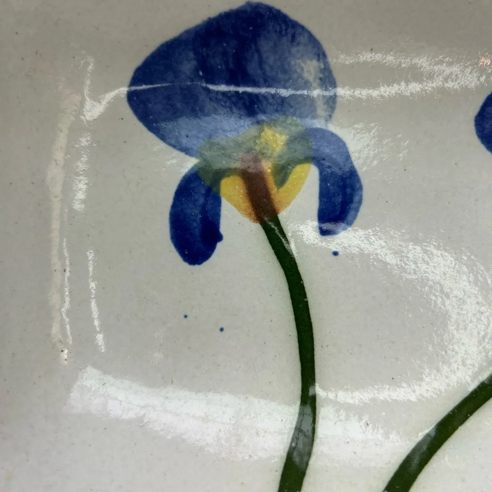 Blue iris handmade off white pottery ribbed edge casserole dish stamped